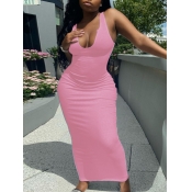 LW SXY Casual U Neck Skinny Pink Ankle Length Dres