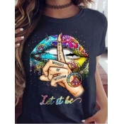 LW Cotton-Feel O Neck Lip Print Black T-shirt