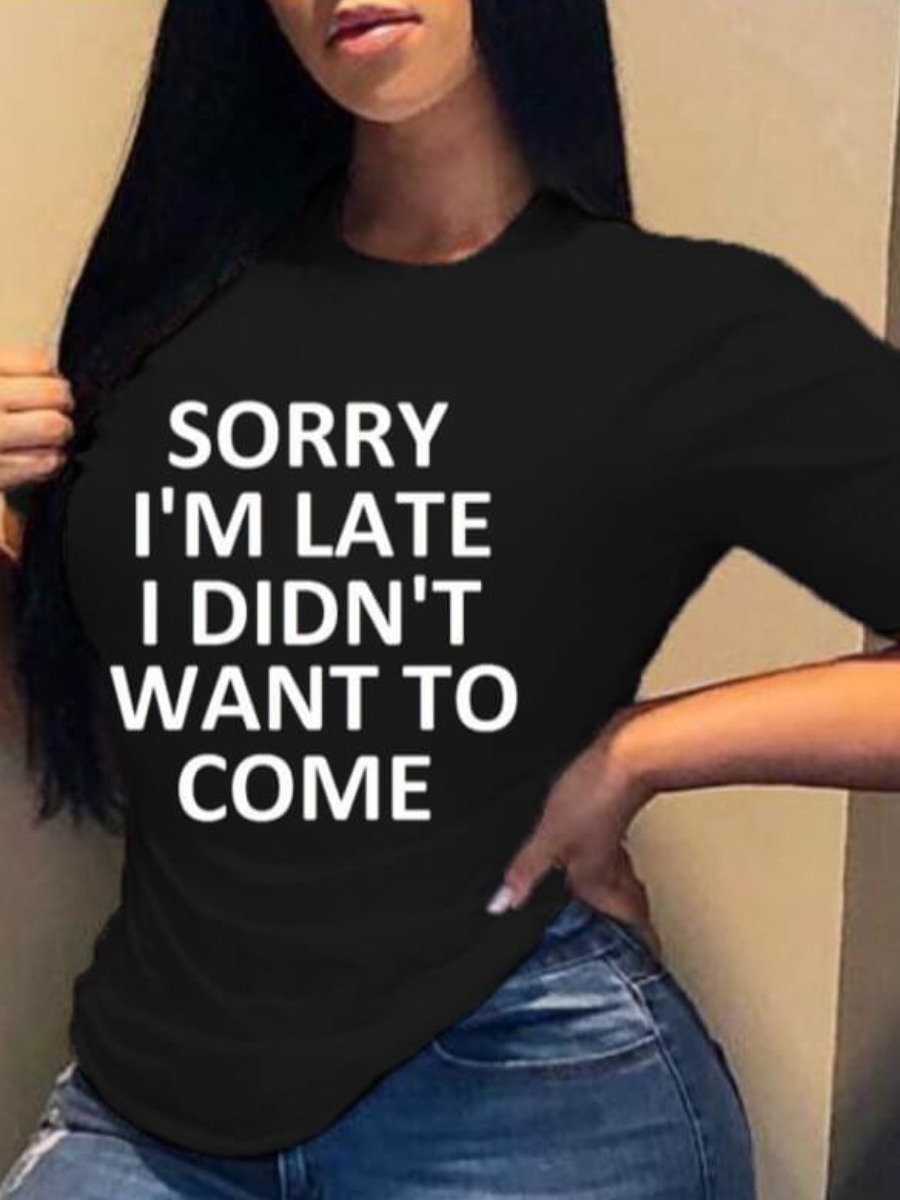 LW Casual O Neck Letter Print Black T-shirt