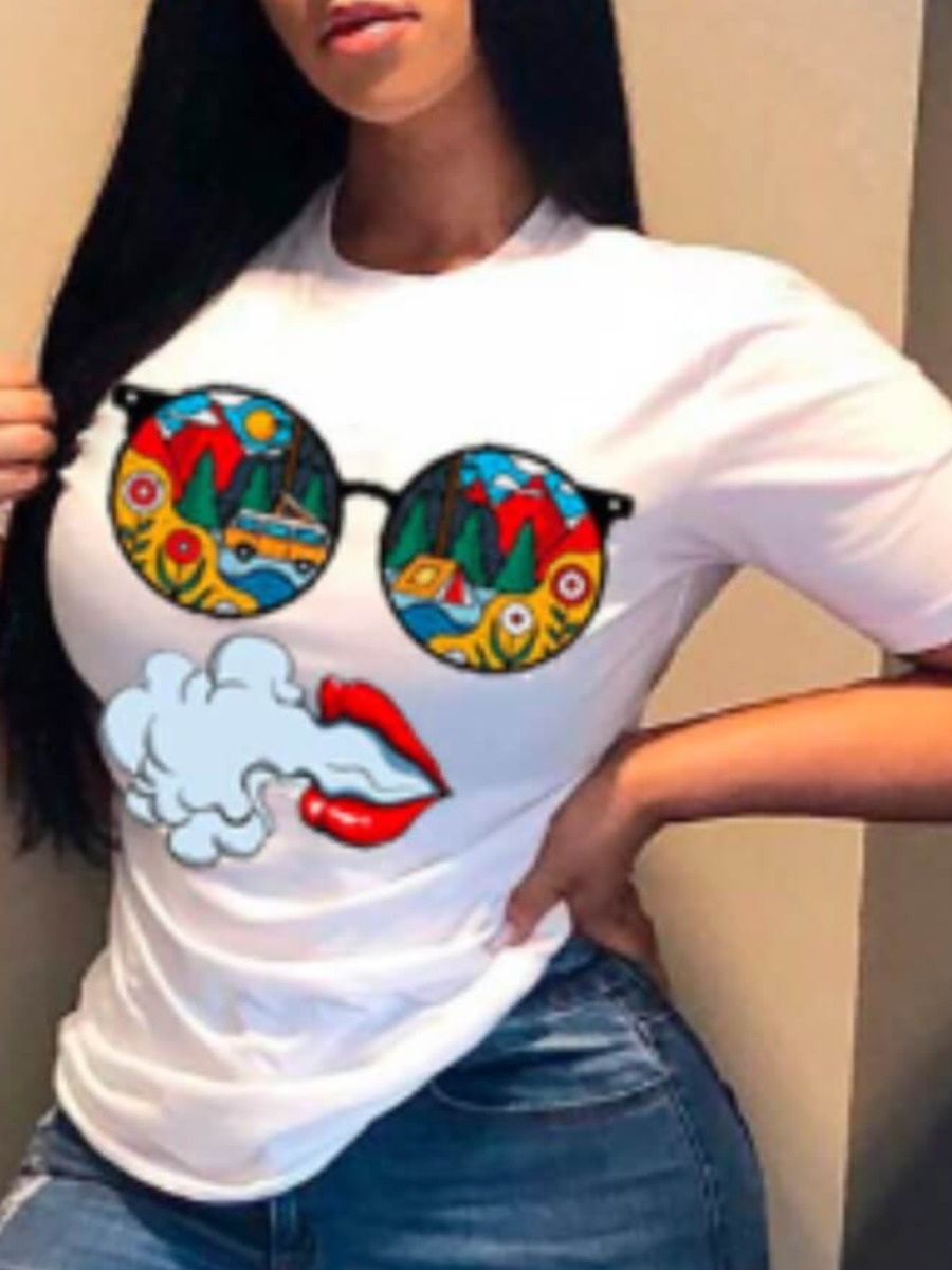 LW O Neck Print White T-shirt