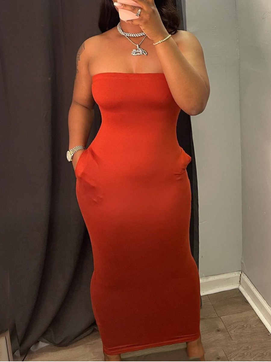 LW BASICS Casual Off The Shoulder Pocket Design Red Ankle Length Dress