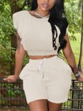 LW Casual O Neck Drawstring White Two Piece Shorts Set