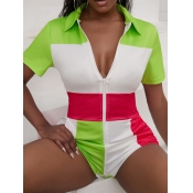 LW Casual Turndown Collar Color-lump Rose Red One-