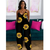 LW Sunflower Print Wide Leg One-piece Jumpsuit