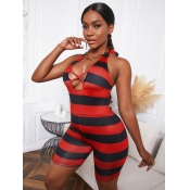 LW Casual Striped Hollow-out Red One-piece Romper