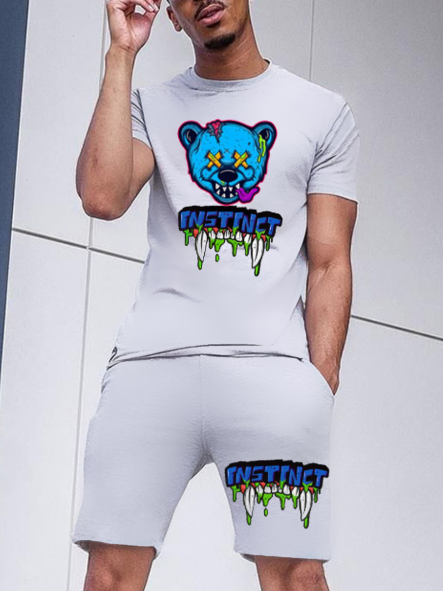 LW Men Casual Cartoon Letter Print Grey Two Piece Shorts Set