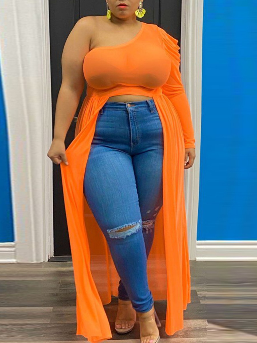 LW Plus Size One Shoulder See Through Split Blouse