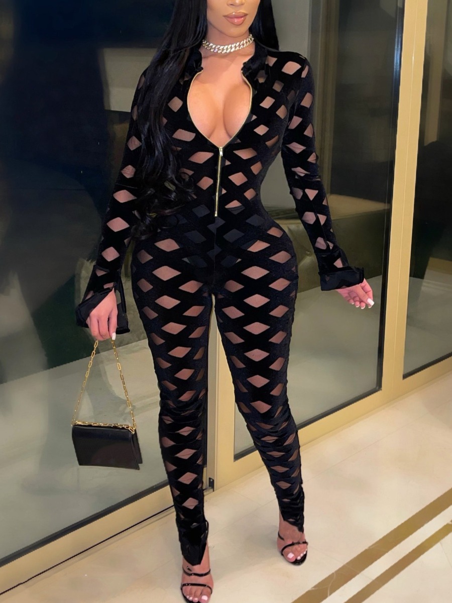 LW SXY See-through Zipper Design One-piece Jumpsuit