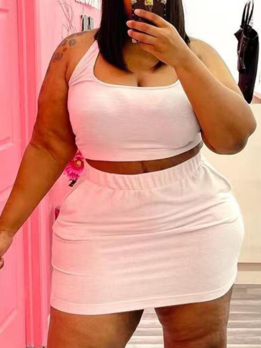 LW BASICS Plus Size U Neck Elastic Two-piece Skirt Set