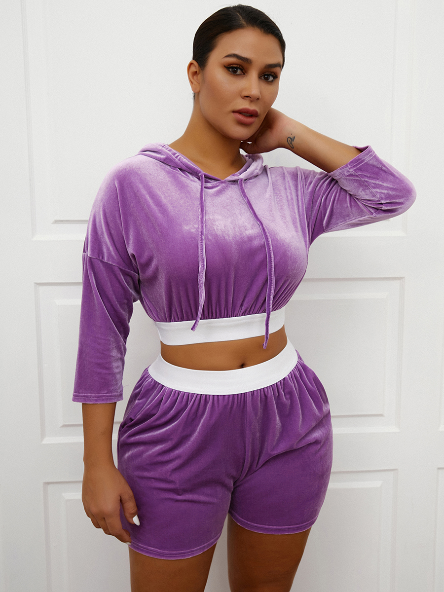 LW Velvet Hooded Collar Patchwork Two Piece Shorts Set