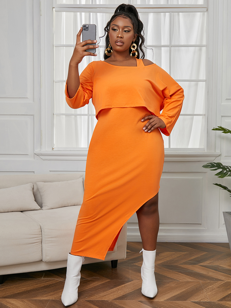 LW COTTON Plus Size Casual Dropped Shoulder Slit Croci Two-piece Skirt Set