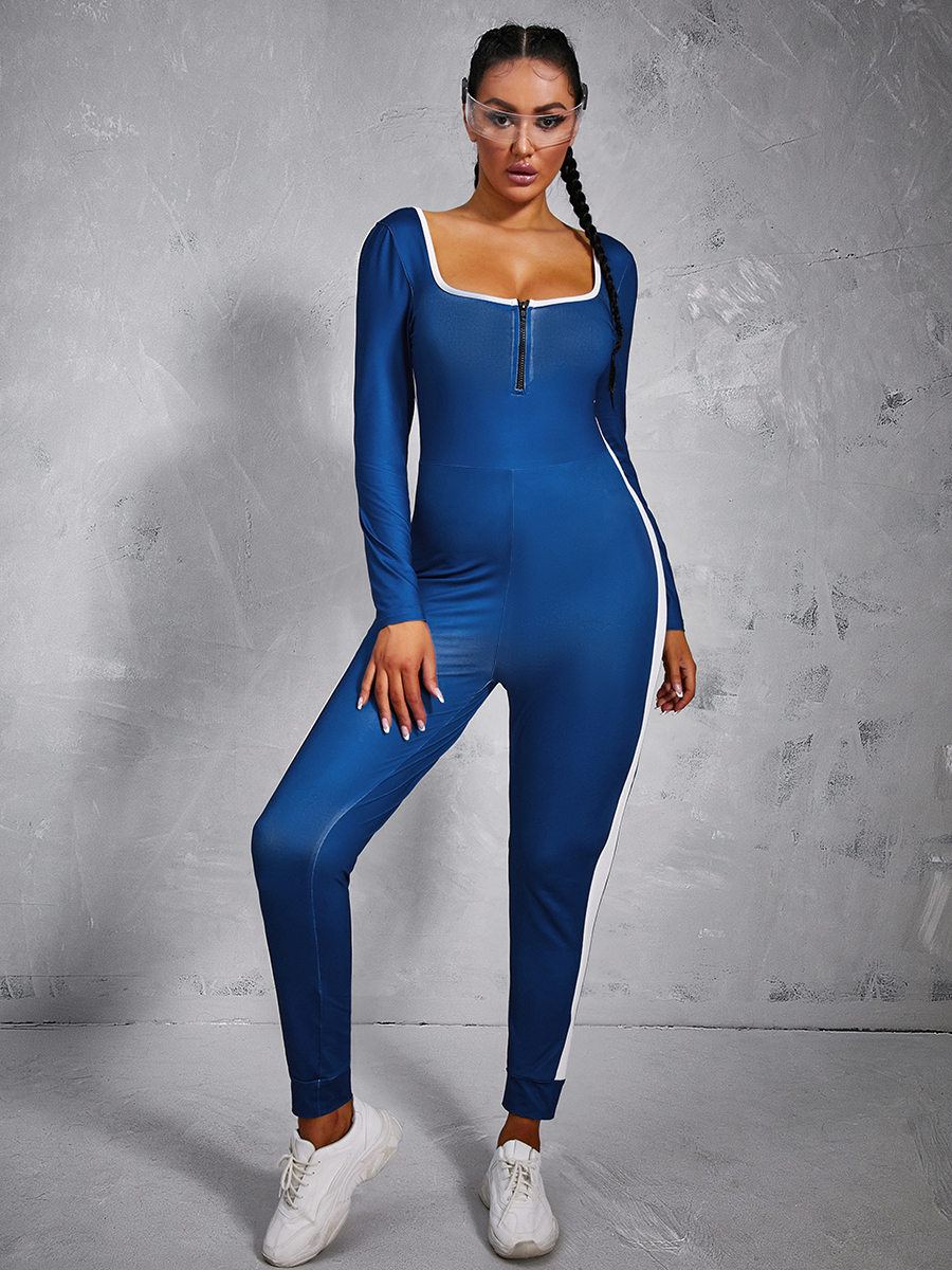 LW Striped Patchwork Zipper Design Jumpsuit