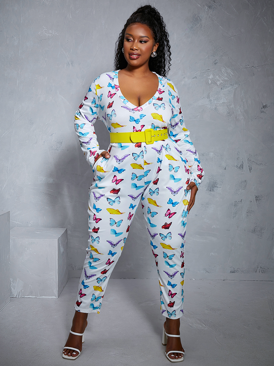LW Plus Size Butterfly Print Pocket Design Jumpsuit