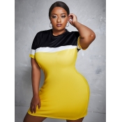 LW Plus Size Casual Round Neck Color-lump Yellow M