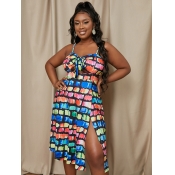 LW Plus Size Casual Geometric Print Split Multicol