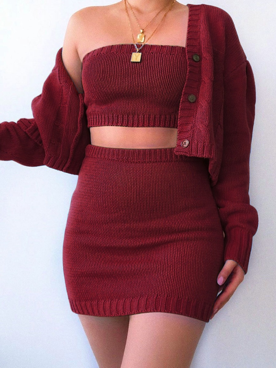 LW Rib-Knit Button Design Skirt Set