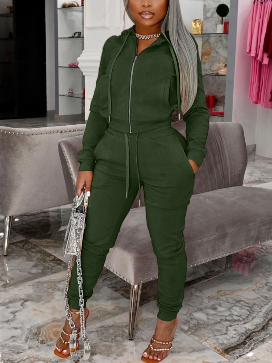 LW BASICS Hooded Collar Drawstring Pants Set