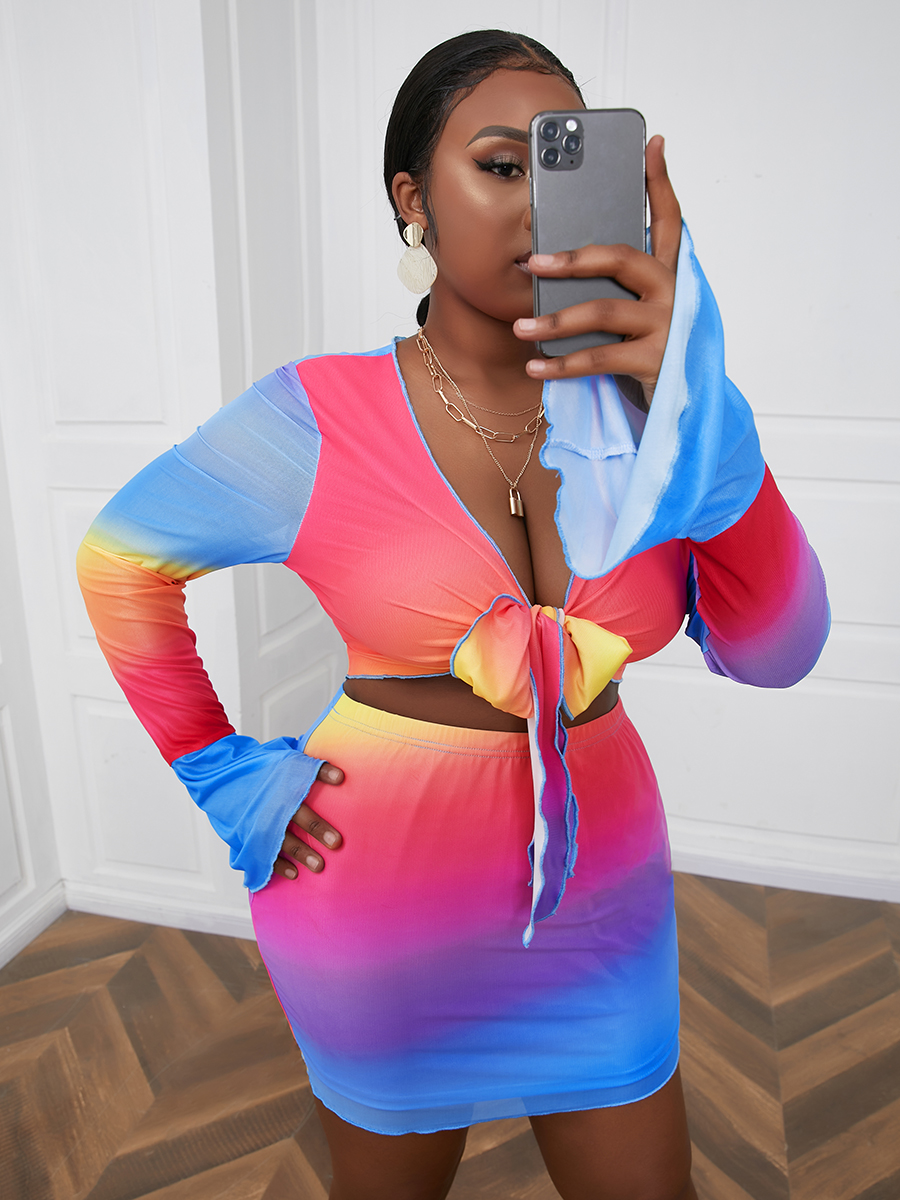 LW Plus Size Gradient Print Flared Crop Top Skirt Set