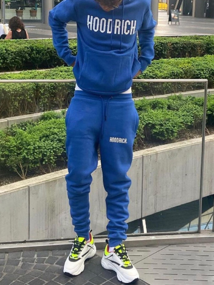 LW Men Letter Print Kangaroo Pocket Tracksuit Set