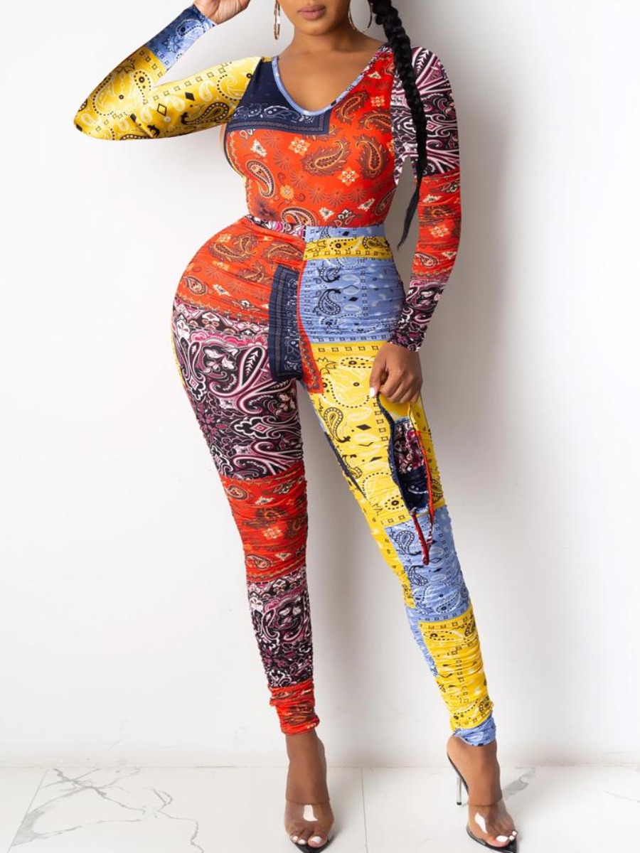 LW V Neck Cashew Print Pants Set