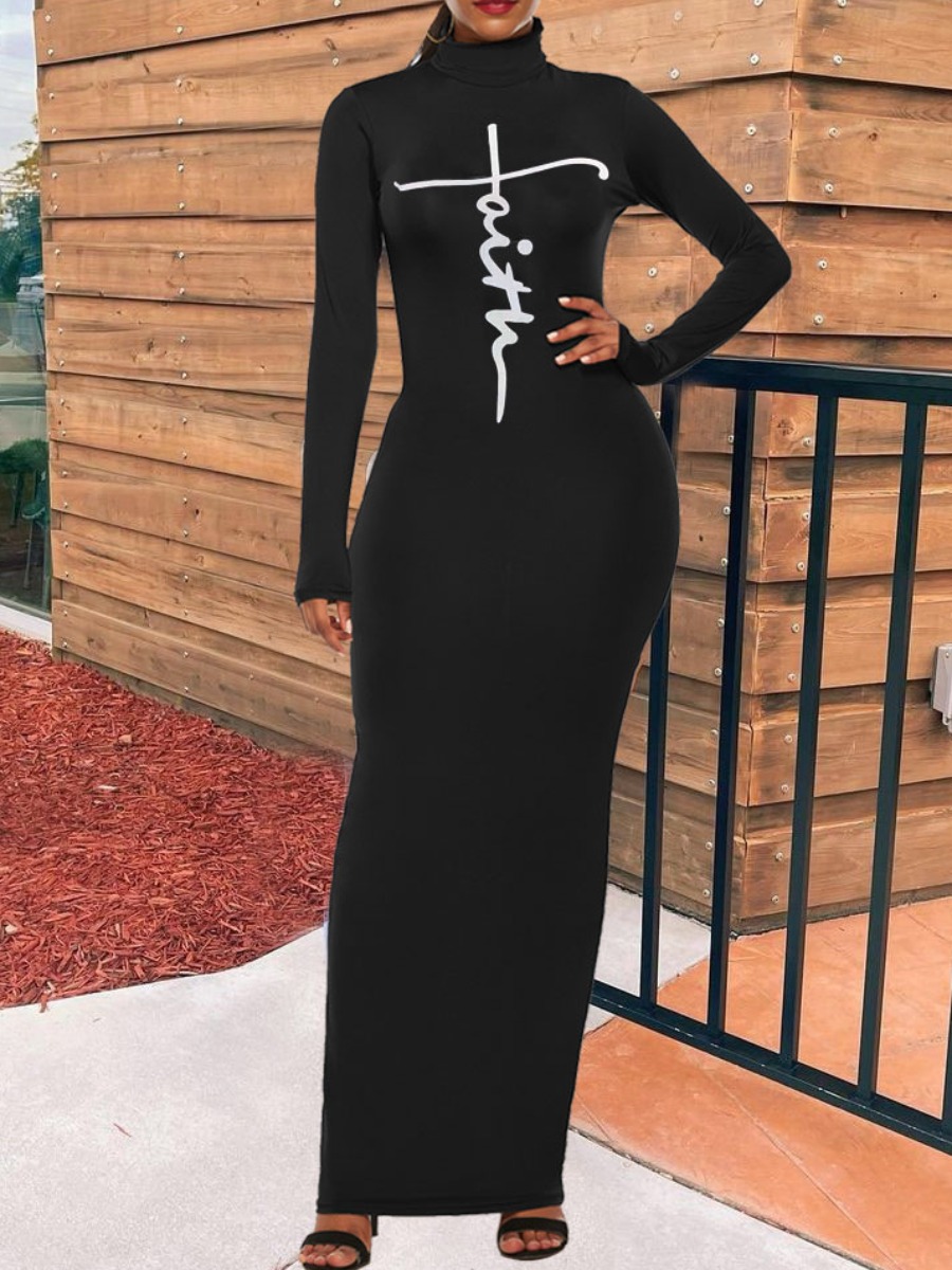 LW Half A Turtleneck Letter Print Dress