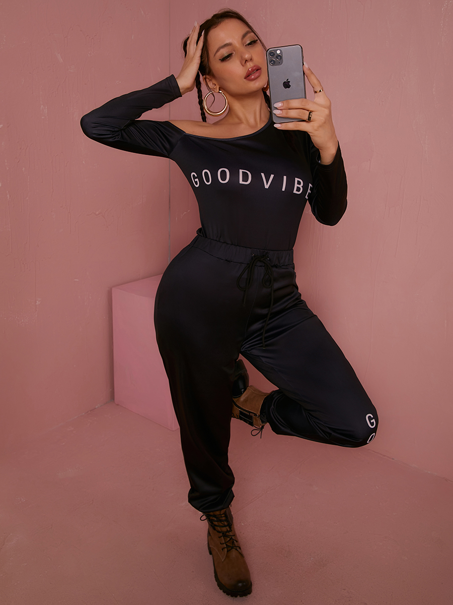 LW Letter Print Drawstring Pants Set