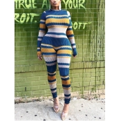 LW Stylish O Neck Striped Blue One-piece Jumpsuit