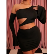 LW SXY One Shoulder Hollow-out Flared Bodycon Dres