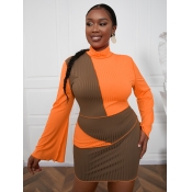 LW Plus Size Turtleneck Color-lump Rib-Knit Dress