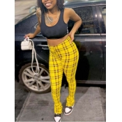 LW Casual U Neck Plaid Print Fold Design Yellow Tw