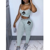 LW Casual Spaghetti Strap Print Grey Two Piece Pan