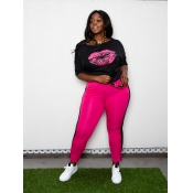 LW Plus Size O Neck Lip Print Patchwork Pants Set