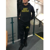 LW Men Hustle Letter Print Kangaroo Pocket Sweatsu