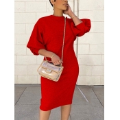LW BASICS Round Neck Lantern Sleeve Bodycon Dress