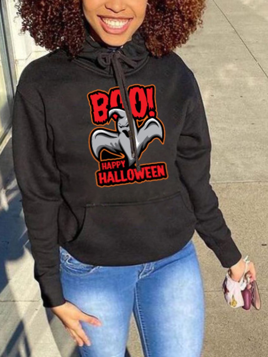 LW Plus Size Casual Letter Print Kangaroo Pocket Hoodie