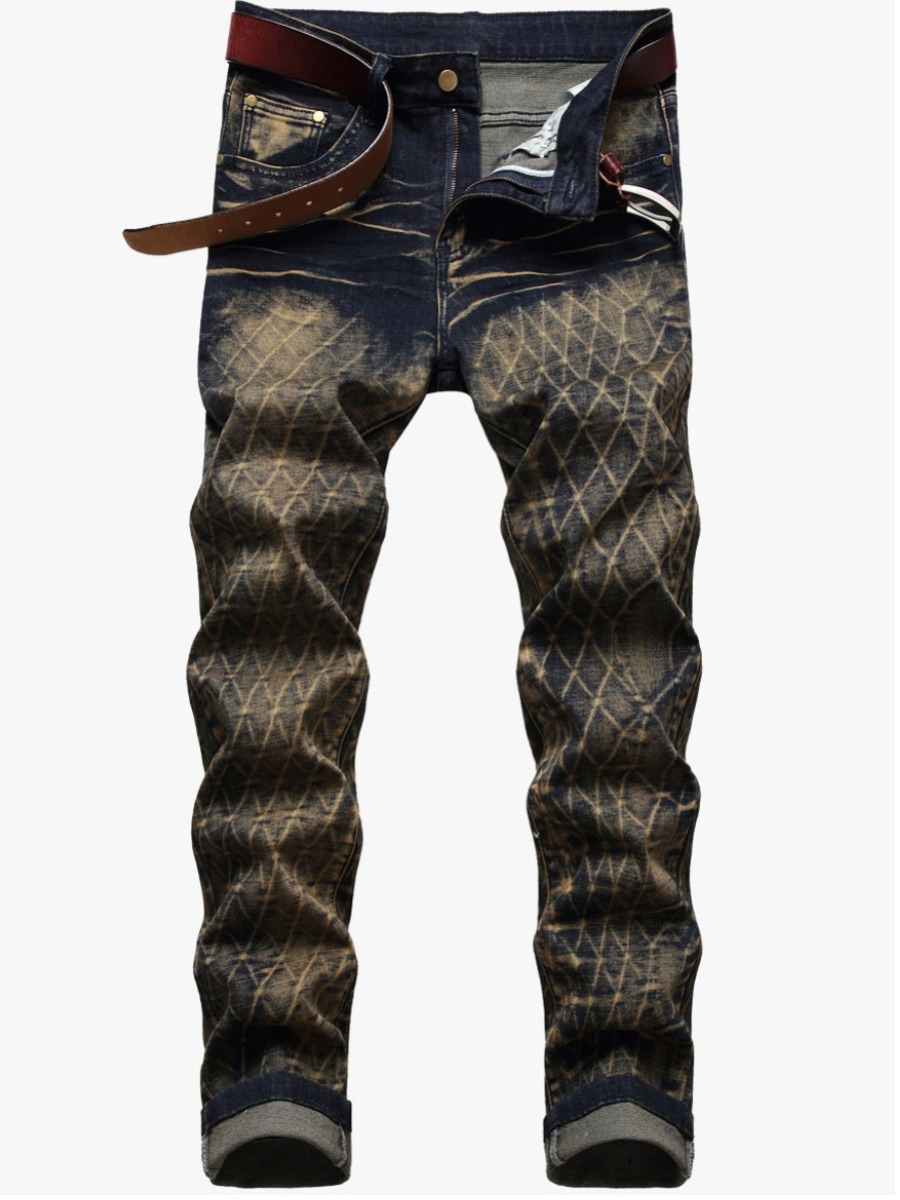 LW Men Street Stretchy Denim Plaid Pattern Jeans