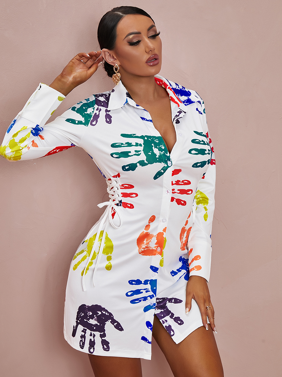 LW Palm Print Bandage Shirt Dress