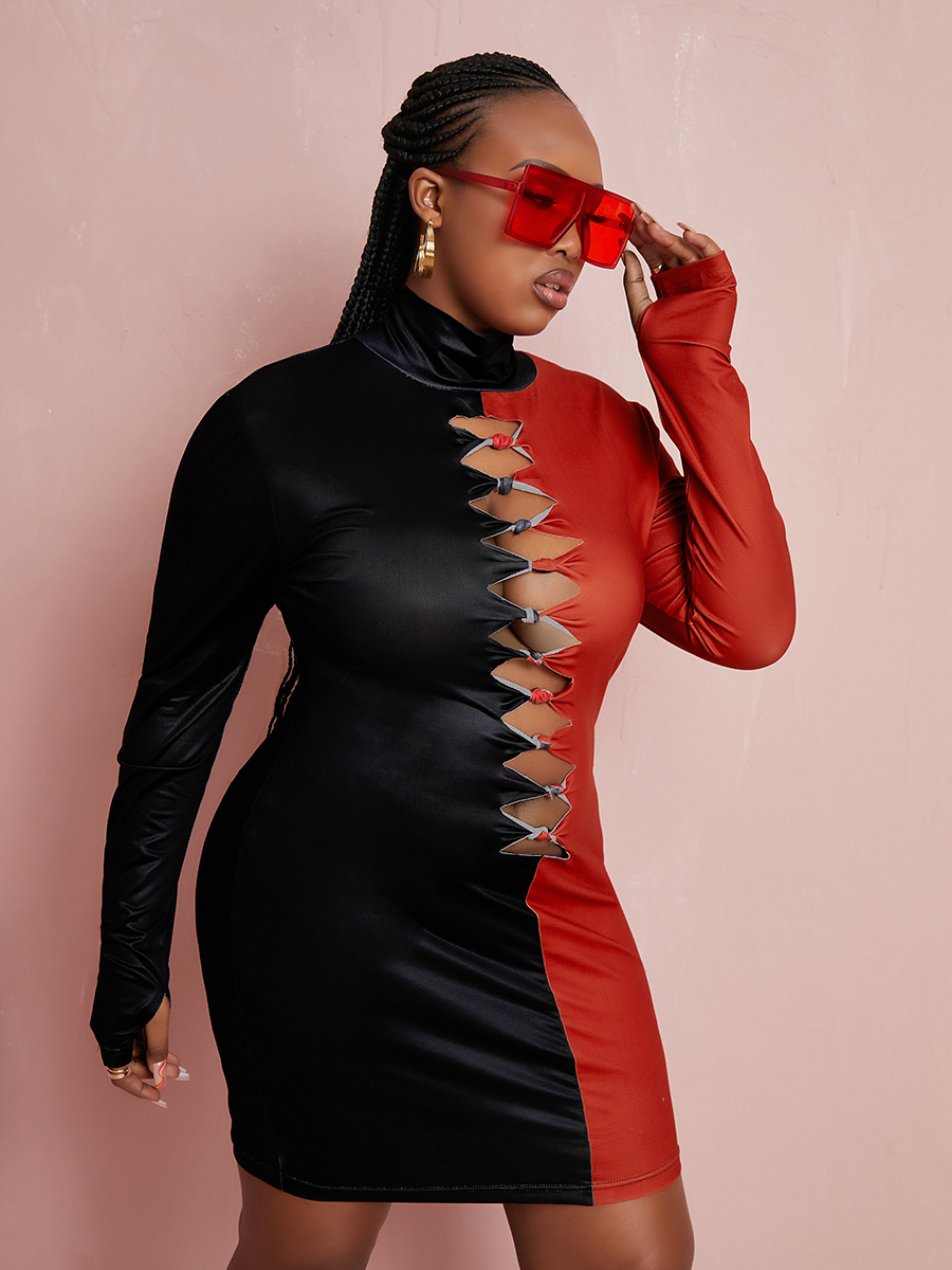 LW SXY Plus Size Color-lump Hollow-out Bodycon Dress