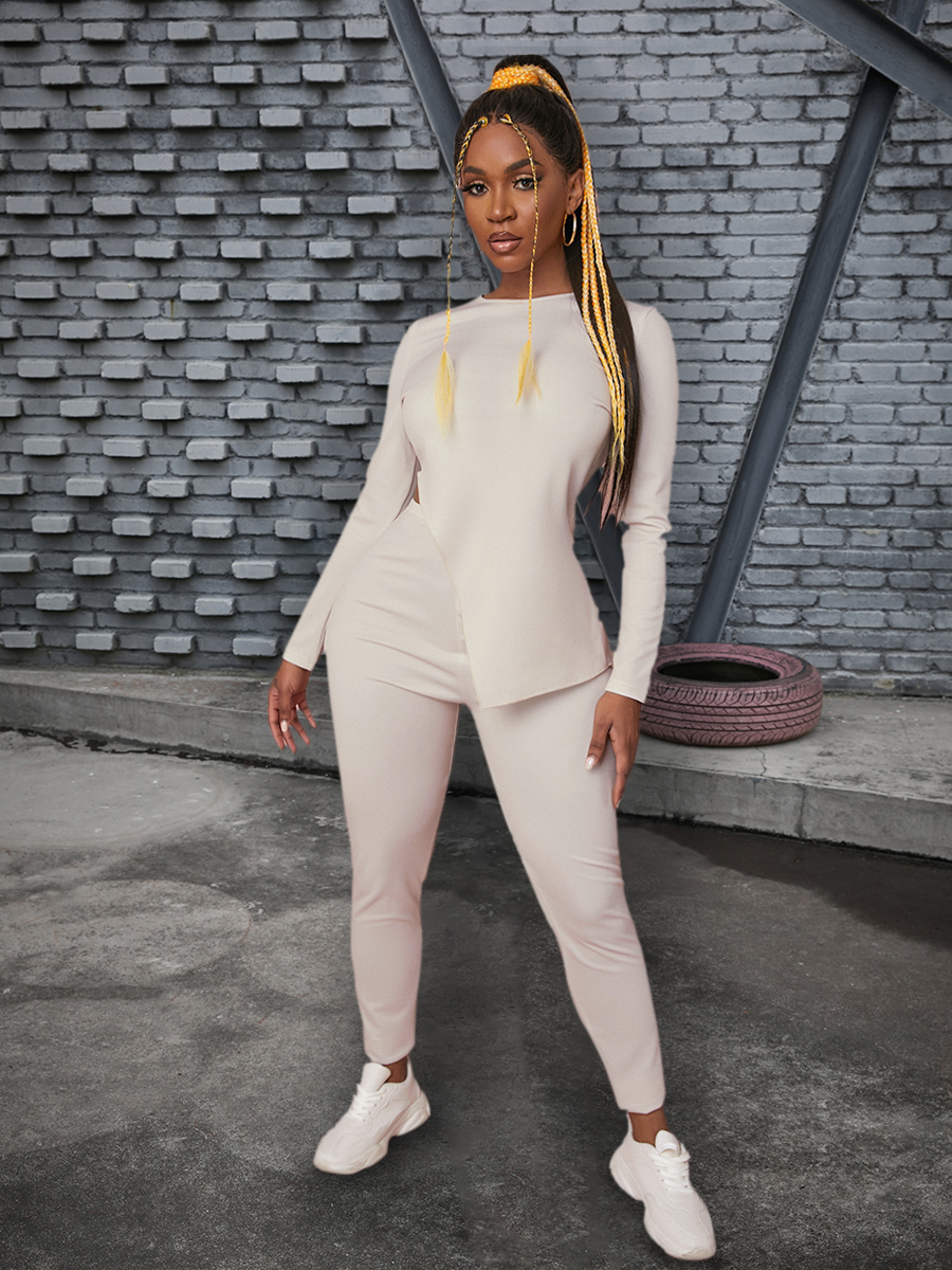LW BASICS Round Neck Side Slit Pants Set