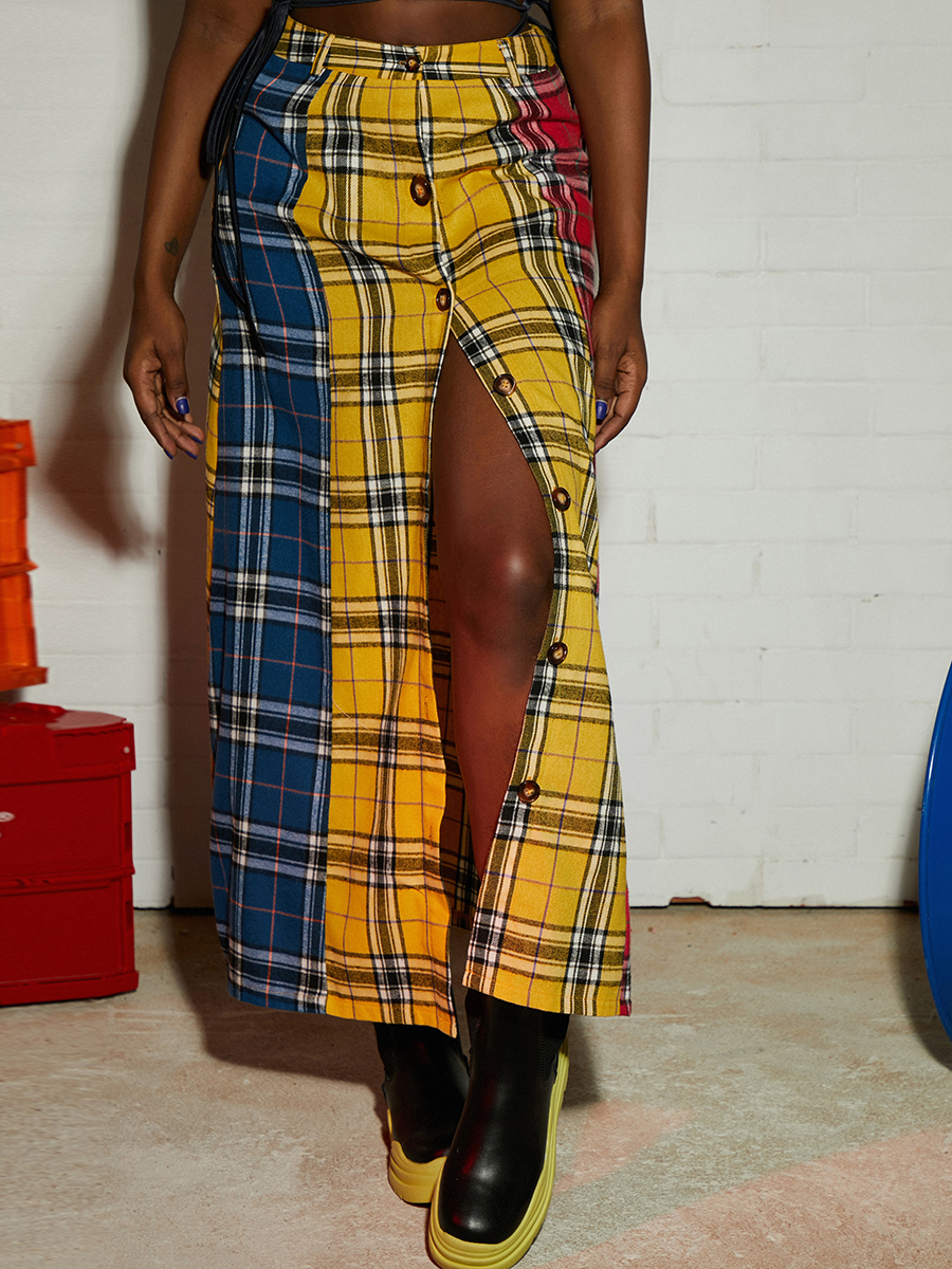 LW Plaid Patchwork Button Design Skirt