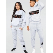 LW Men Leisure Hooded Collar Print Grey Pants Set