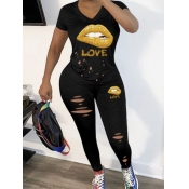 LW Leisure Lip Print Black Two-piece Pants Set