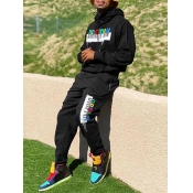 LW Men Letter Print Kangaroo Pocket Tracksuit Set