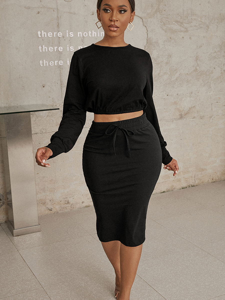 LW Split Drawstring Crop Top Skirt Set