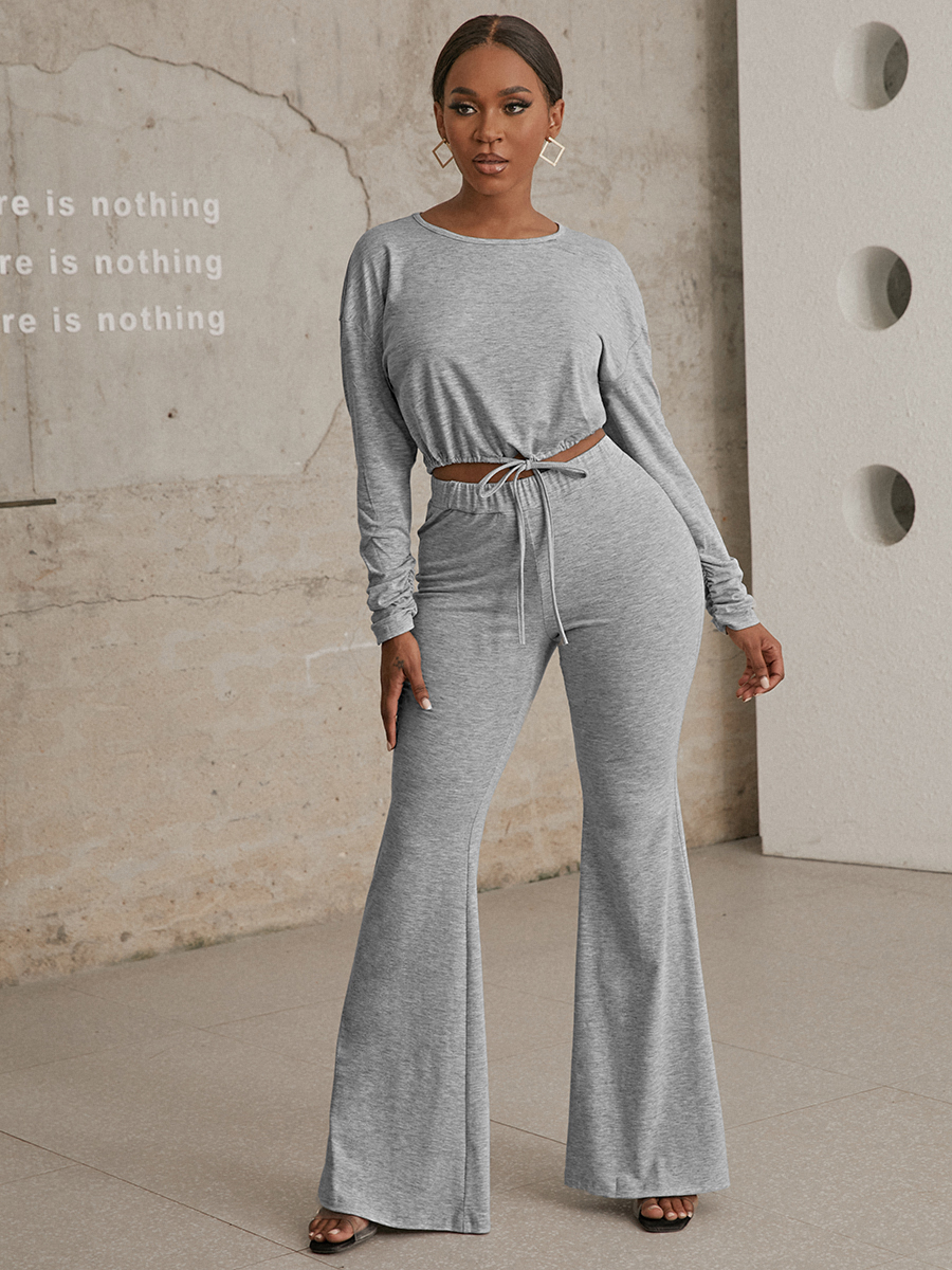LW COTTON Round Neck Drawstring Flared Pants Set