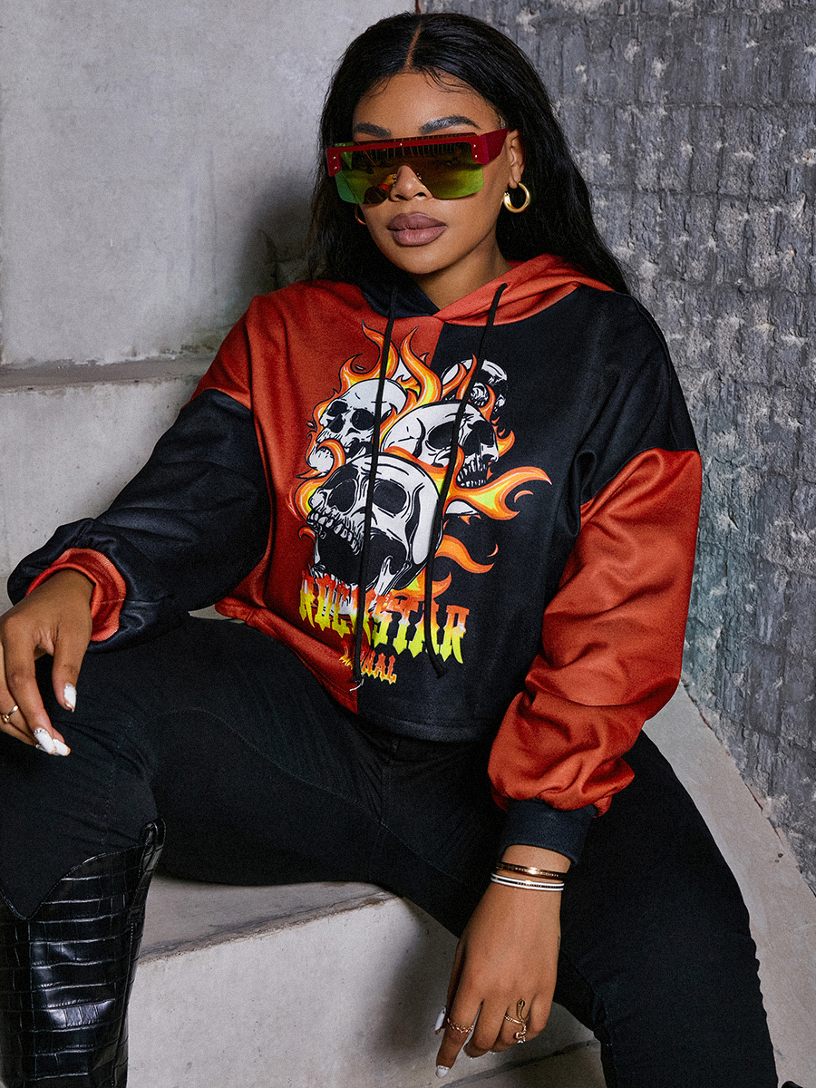 LW Plus Size Skull Head Flame Print Hoodie