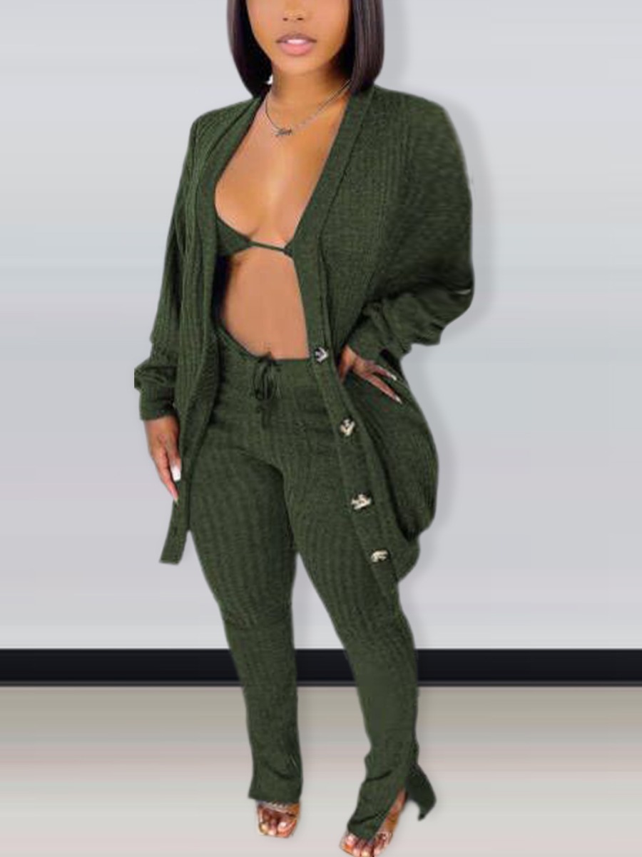 LW Button Design Rib Knit Three-piece Pants Set