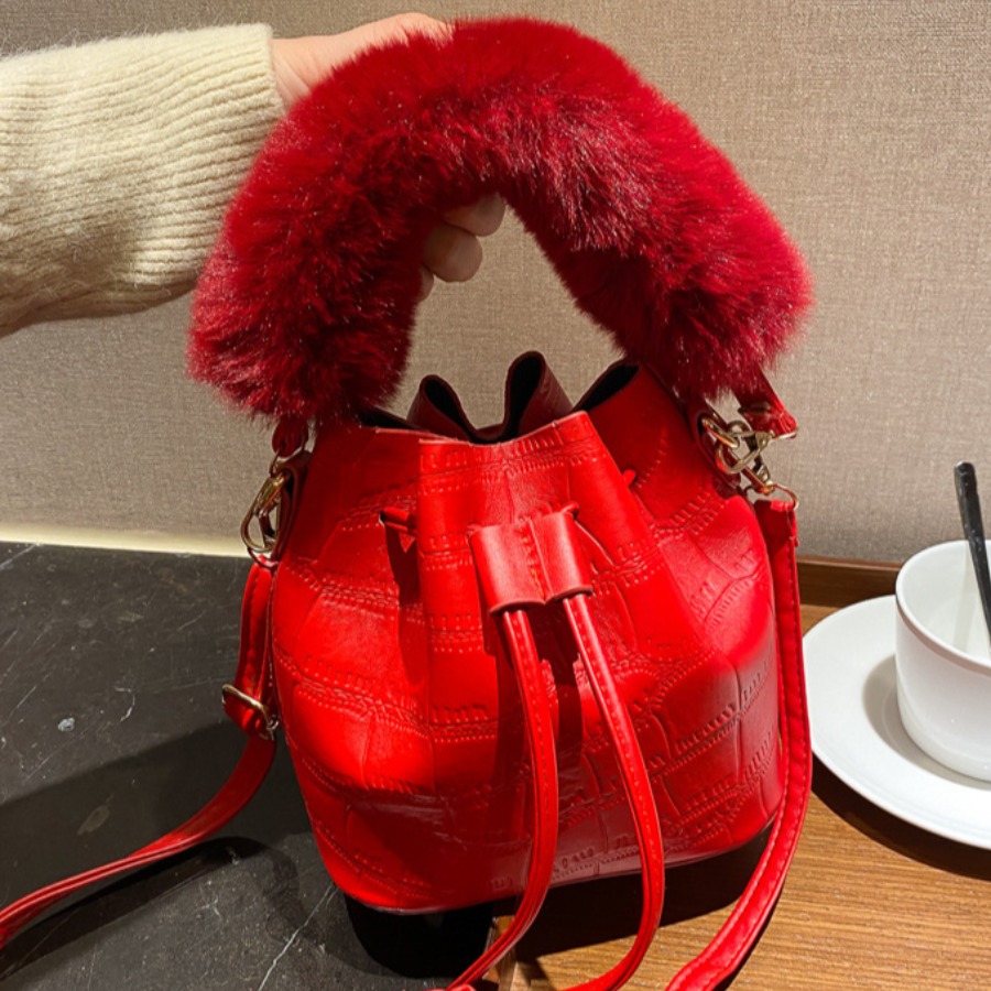 LW Embossed Drawstring Plush Crossbody Bag