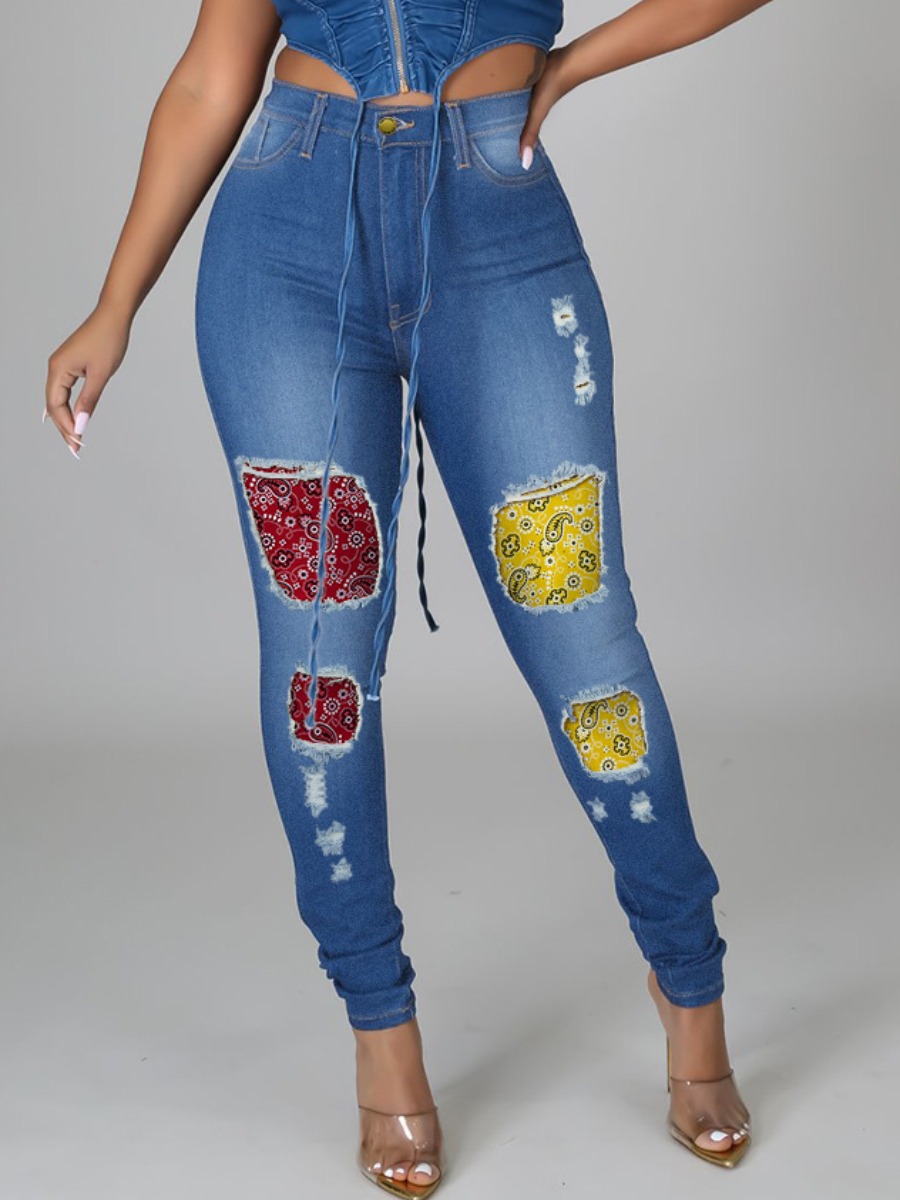 LW Cashew Print Patch Ripped Jeans