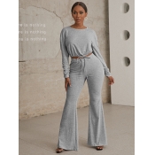 LW COTTON Round Neck Drawstring Flared Pants Set
